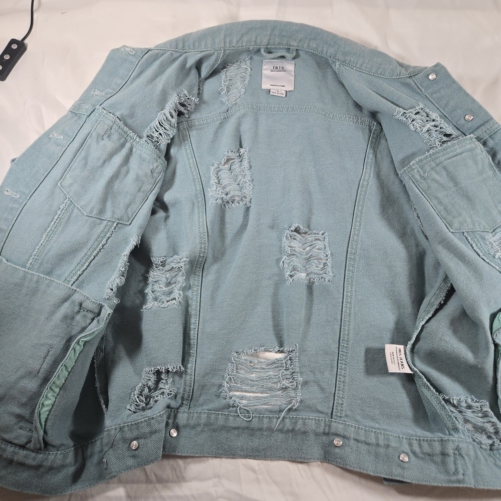 Iris Jeans Distressed Denim Jacket in Teal - Picture 9 of 13